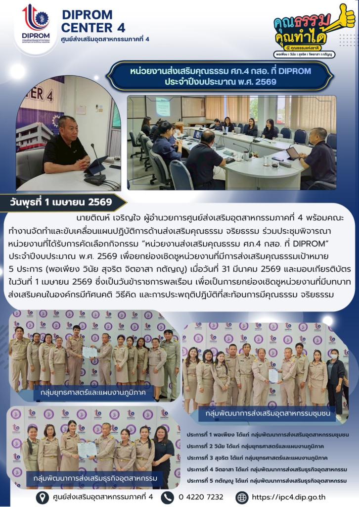 ศภ.4 กสอ. กิจกรรม "หน่วยงานส่งเสริมคุณธรรม ศภ.4 กสอ. ที่ DIPROM" ประจำปีงบประมาณ พ.ศ. 2569