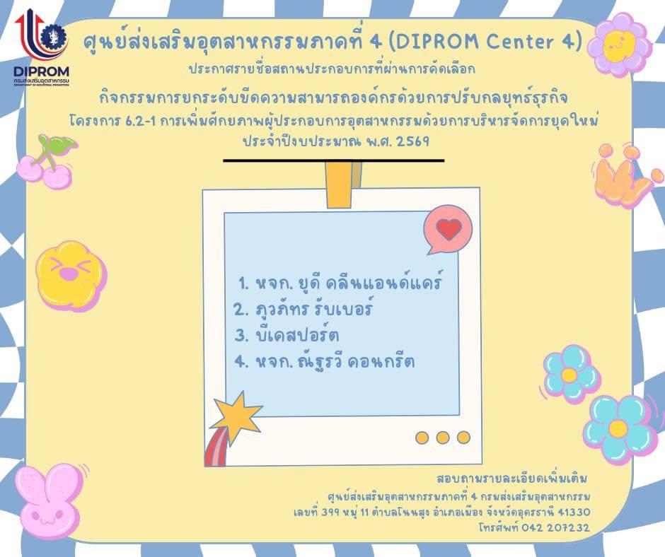 ประกาศรายชื่อสถานประกอบการที่ผ่านการคัดเลือก กิจกรรมการยกระดับขีดความสามารถองค์กรด้วยการปรับกลยุทธ์ธุรกิจ