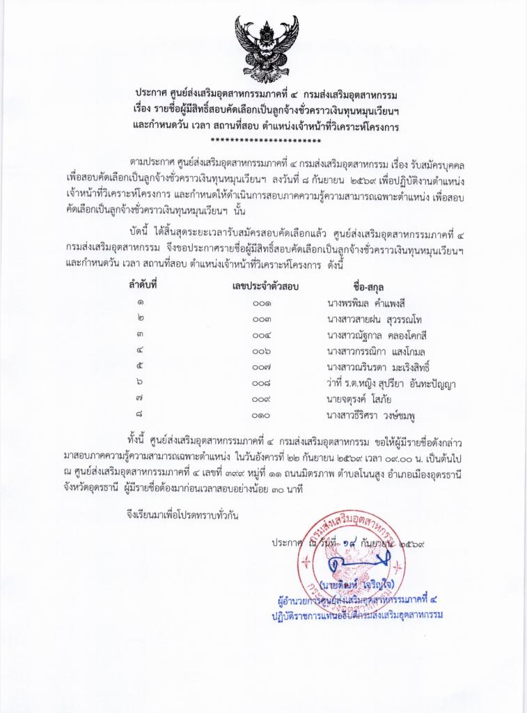 ประกาศรายชื่อผู้มีสิทธิ์สอบคัดเลือกเป็นลูกจ้างชั่วคราวเงินทุนหมุนเวียนฯ ตำแหน่ง เจ้าหน้าที่วิเคราะห์โครงการ